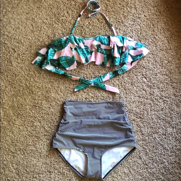 green leaves, black diagonal high waist bikini set - Picture 1 of 3